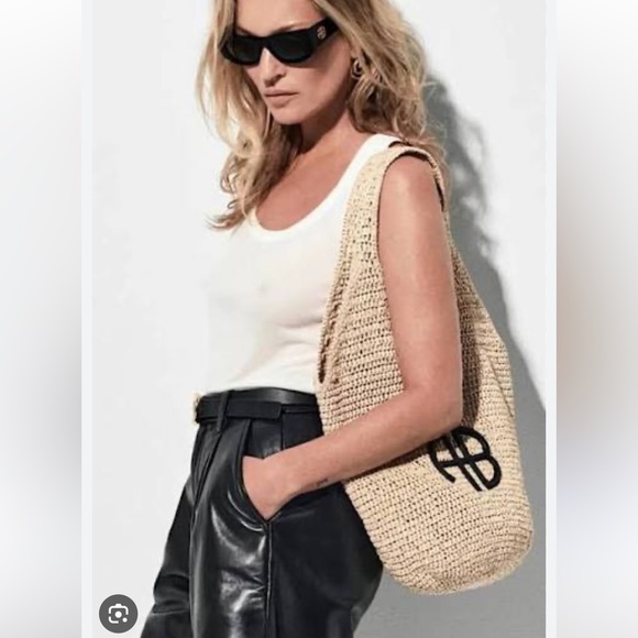New Anine Bing Natural Crochet Small Leah Hobo with Black Monogram - Picture 5 of 10